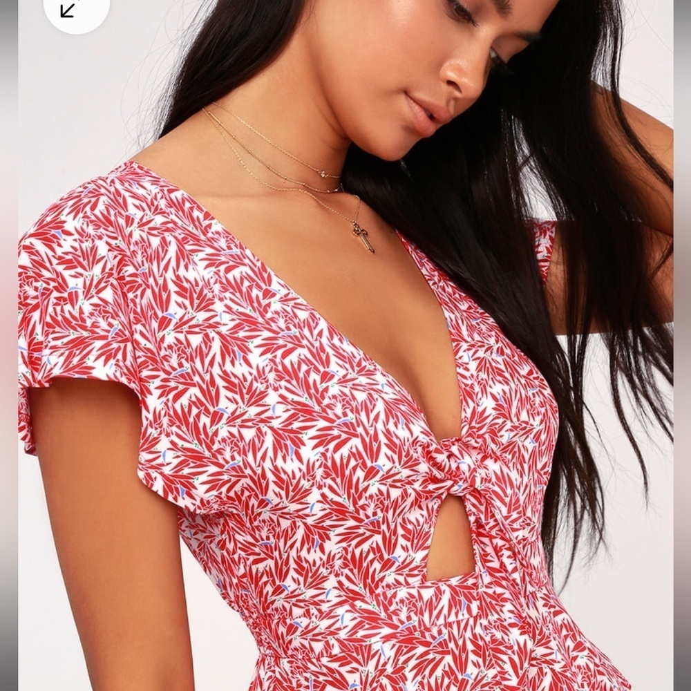 Lulu’s Dondi Red and White Print Tie-Front Short Sleeve Romper - Picture 3 of 11